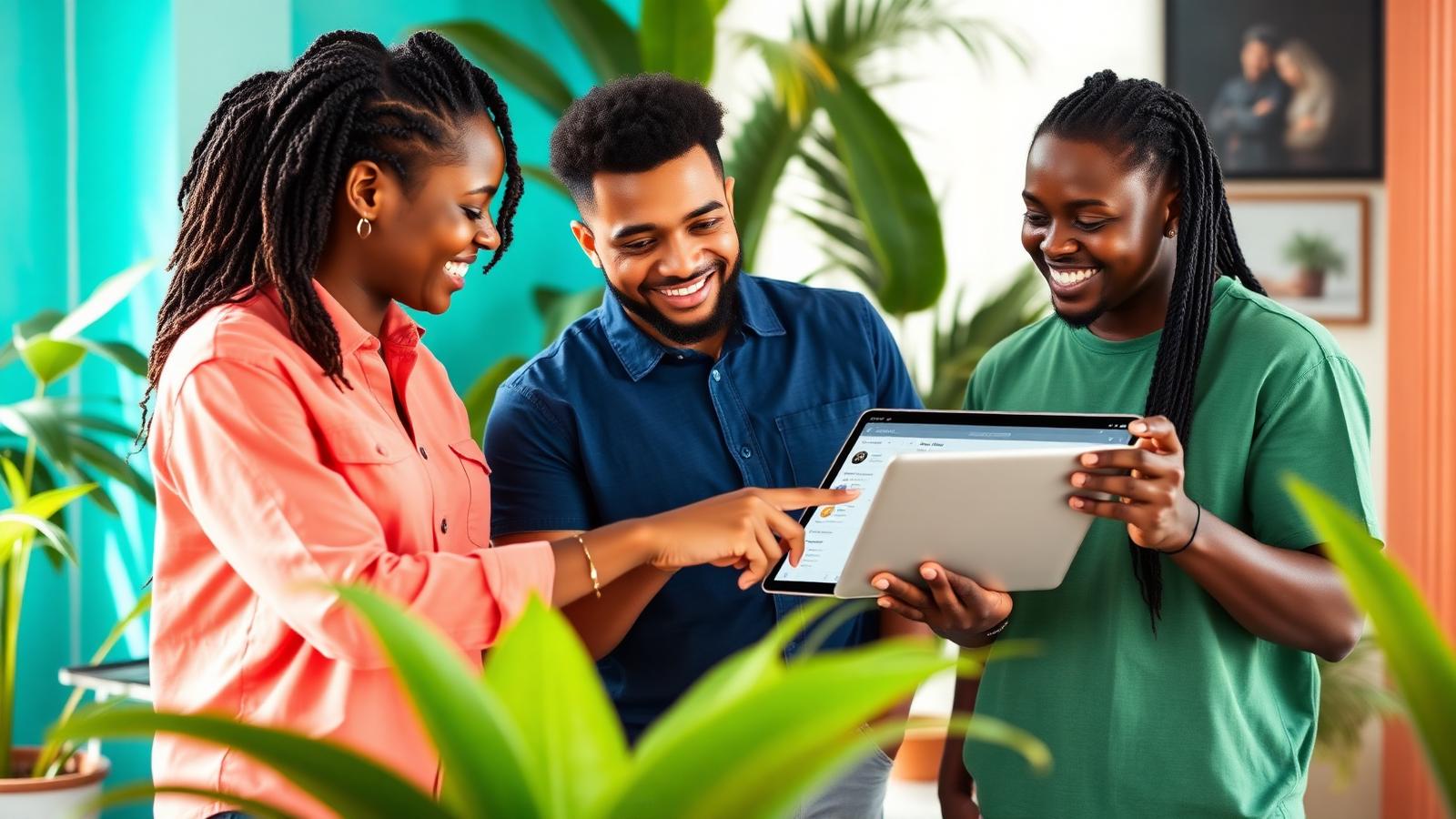 Deux jeunes entrepreneurs répondant au questionnaire sur une tablette